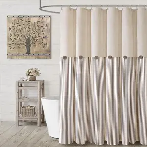 Farmhouse Shower Curtains for Bathroom - 72" W x 72" L Linen Beige Button-Woven Fabric, Pleated Brown Stripe, Country Rustic Western Style